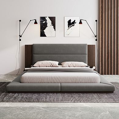 Merax Floor Upholstered Platform Bed with Extended Wood Headboard & Bedside Shelf
