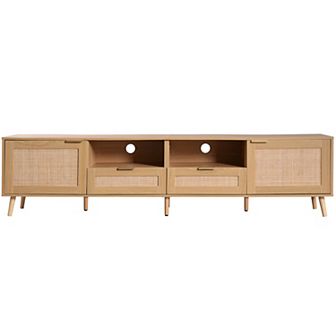 Merax Modern Farmhouse TV Stand with Rattan Design & Solid Wood Legs - Media Console Entertainment