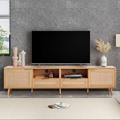 Merax Modern Farmhouse TV Stand with Rattan Design & Solid Wood Legs - Media Console Entertainment