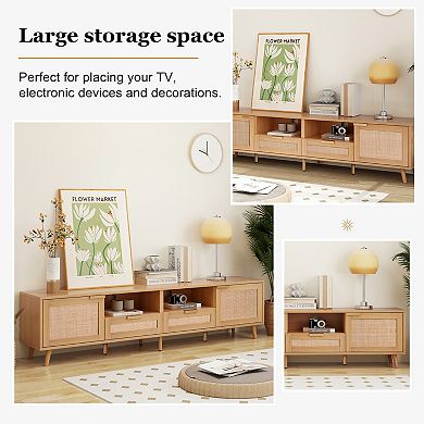 Merax Modern Farmhouse TV Stand with Rattan Design & Solid Wood Legs - Media Console Entertainment