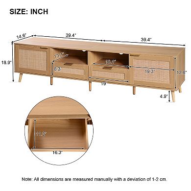 Merax Modern Farmhouse TV Stand with Rattan Design & Solid Wood Legs - Media Console Entertainment