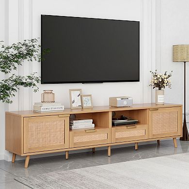 Merax Modern Farmhouse TV Stand with Rattan Design & Solid Wood Legs - Media Console Entertainment