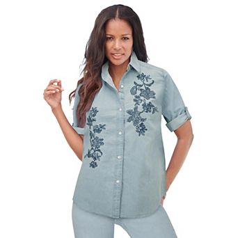 Roaman's Women's Plus Size Chambray Roll-Tab Shirt
