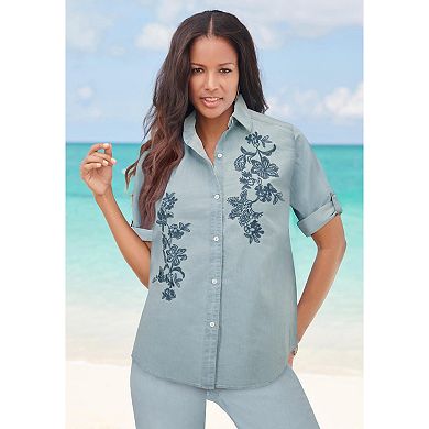 Roaman's Women's Plus Size Chambray Roll-Tab Shirt