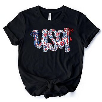 Floral Patriotic T-Shirt, 4th of July White, Natural and Black Tee for Stylish Women