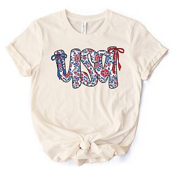 Floral Patriotic T-Shirt, 4th of July White, Natural and Black Tee for Stylish Women