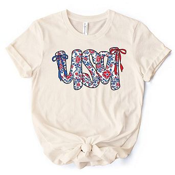 Floral Patriotic T-Shirt, 4th of July White, Natural and Black Tee for Stylish Women