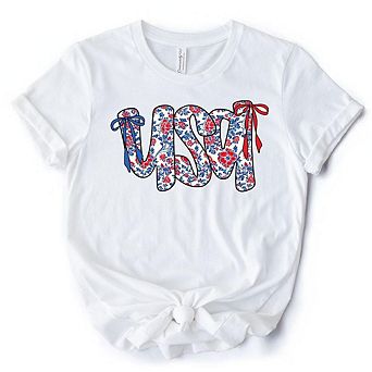 Floral Patriotic T-Shirt, 4th of July White, Natural and Black Tee for Stylish Women