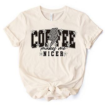 Coffee Makes Me Nicer Retro T-Shirt, Trendy White and Natural Tee for Stylish Women