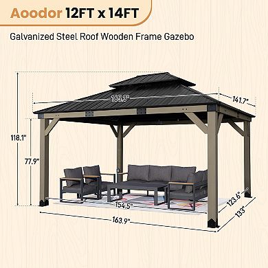 Aoodor 12' x 14' Wood Gazebo, Upgrade Cedar Wooden Frame Gazebo with Outlets