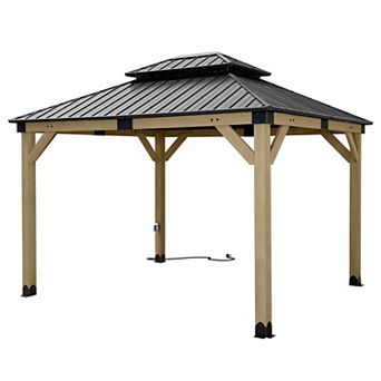 Aoodor 10 x 12 ft Wooden Frame Gazebo, Outdoor Patio Gazebo with Charging Socket