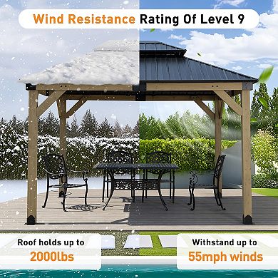 Aoodor 10 x 12 ft Wooden Frame Gazebo, Outdoor Patio Gazebo with Charging Socket