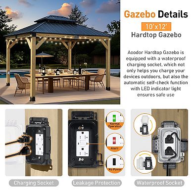 Aoodor 10 x 12 ft Wooden Frame Gazebo, Outdoor Patio Gazebo with Charging Socket