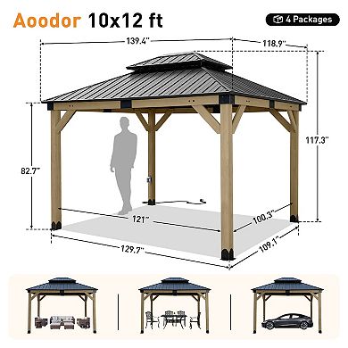 Aoodor 10 x 12 ft Wooden Frame Gazebo, Outdoor Patio Gazebo with Charging Socket