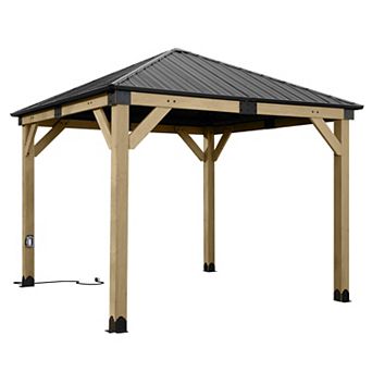Aoodor 10 x 10 ft Wooden Frame Gazebo, Outdoor Patio Gazebo with Charging Socket