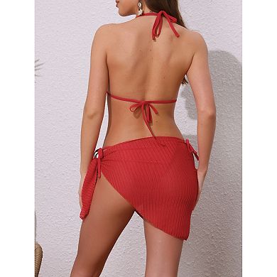 Women's Shell Decoration Herringbone Bikini Sets, 3Pc Halter Top Triangle Bottom with Cover Up Skirt