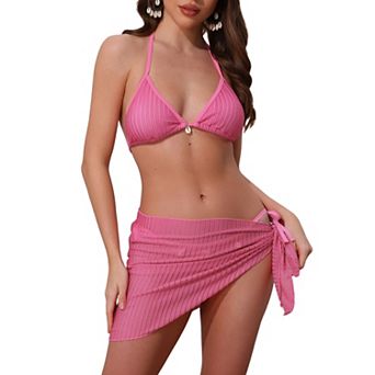 Women's Shell Decoration Herringbone Bikini Sets, 3 pc Halter Top Triangle Bottom with Cover Up Skirt