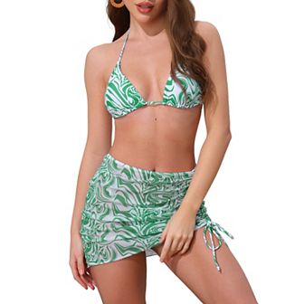 Women's Water Ripples Colorblock Halter Bikini Sets, 3 pc Triangle Bottom Mesh Cover Up Swimwear