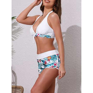 Women's Leaf Print Color Block Bikini Sets, 2 Pcs Halter Top Boyshorts Bottom Swimwear Bathing Suits