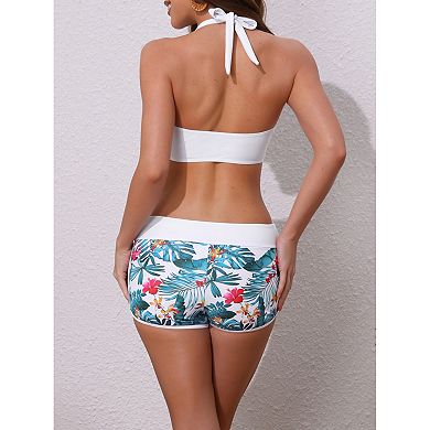 Women's Leaf Print Color Block Bikini Sets, 2 Pcs Halter Top Boyshorts Bottom Swimwear Bathing Suits