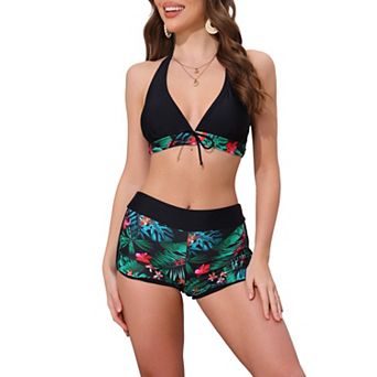 Women's Leaf Print Color Block Bikini Sets, 2 pc Halter Top Boyshorts Bottom Swimwear Bathing Suits