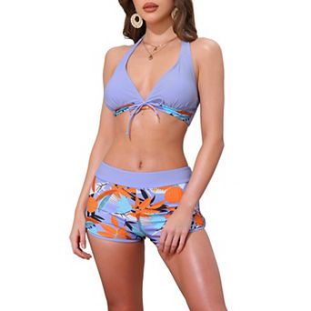 Women's Leaf Print Color Block Bikini Sets, 2 pc Halter Top Boyshorts Bottom Swimwear Bathing Suits