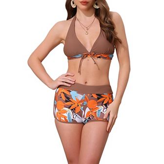 Women's Leaf Print Color Block Bikini Sets, 2 pc Halter Top Boyshorts Bottom Swimwear Bathing Suits