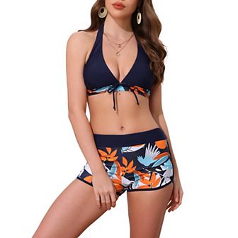 Women's Leaf Print Color Block Bikini Sets, 2 pc Halter Top Boyshorts Bottom Swimwear Bathing Suits