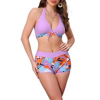 Women's Leaf Print Color Block Bikini Sets, 2 pc Halter Top Boyshorts Bottom Swimwear Bathing Suits