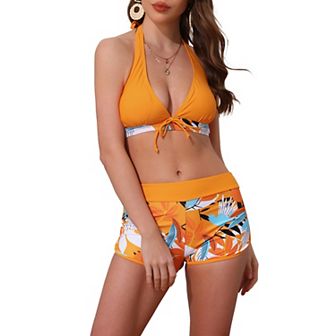 Women's Leaf Print Color Block Bikini Sets, 2 pc Halter Top Boyshorts Bottom Swimwear Bathing Suits