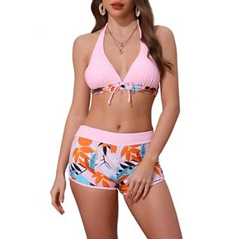Women's Leaf Print Color Block Bikini Sets, 2 pc Halter Top Boyshorts Bottom Swimwear Bathing Suits