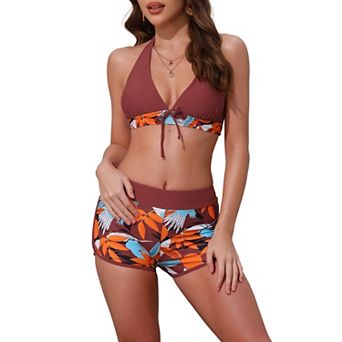 Women's Leaf Print Color Block Bikini Sets, 2 pc Halter Top Boyshorts Bottom Swimwear Bathing Suits