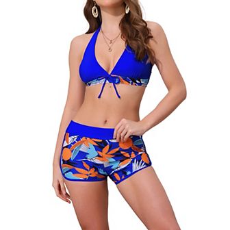 Women's Leaf Print Color Block Bikini Sets, 2 pc Halter Top Boyshorts Bottom Swimwear Bathing Suits