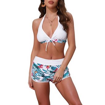 Women's Leaf Print Color Block Bikini Sets, 2 pc Halter Top Boyshorts Bottom Swimwear Bathing Suits