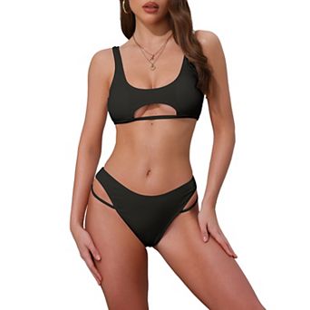 Women's Cutout Racerback Ribbed Bikini Set, 2 pc Scoop Neck Top Triangle Bottom Swimwear Bathing Suit