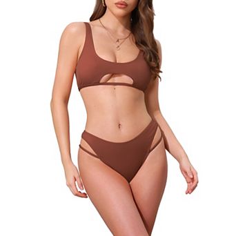 Women's Cutout Racerback Ribbed Bikini Set, 2 pc Scoop Neck Top Triangle Bottom Swimwear Bathing Suit