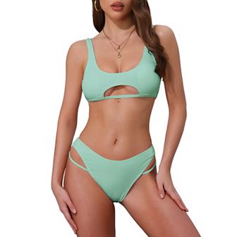 Women's Cutout Racerback Ribbed Bikini Set, 2 pc Scoop Neck Top Triangle Bottom Swimwear Bathing Suit