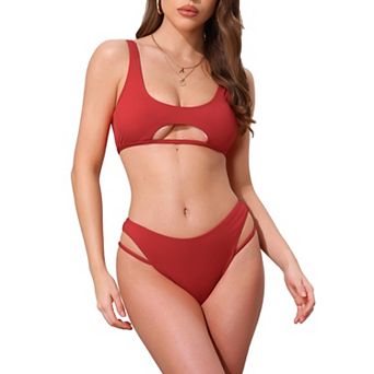 Women's Cutout Racerback Ribbed Bikini Set, 2 pc Scoop Neck Top Triangle Bottom Swimwear Bathing Suit