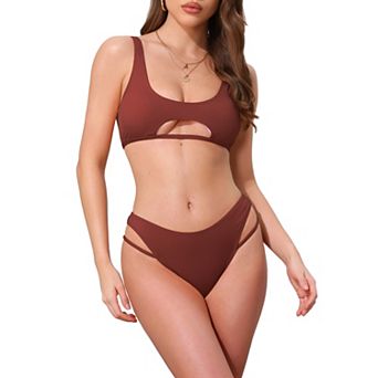 Women's Cutout Racerback Ribbed Bikini Set, 2 pc Scoop Neck Top Triangle Bottom Swimwear Bathing Suit