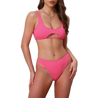 Women's Cutout Racerback Ribbed Bikini Set, 2 pc Scoop Neck Top Triangle Bottom Swimwear Bathing Suit