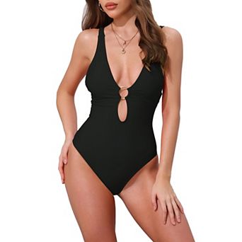 Women's O Ring Cut Out Deep V Monokini Bikini, 1 pc Tummy Control Swimwear Bathing Suit