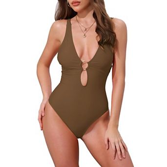 Women's O Ring Cut Out Deep V Monokini Bikini, 1 pc Tummy Control Swimwear Bathing Suit