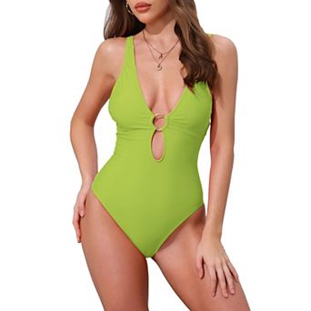 Women's O Ring Cut Out Deep V Monokini Bikini, 1 pc Tummy Control Swimwear Bathing Suit