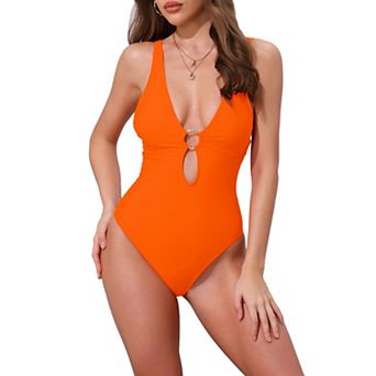 Women's O Ring Cut Out Deep V Monokini Bikini, 1 pc Tummy Control Swimwear Bathing Suit
