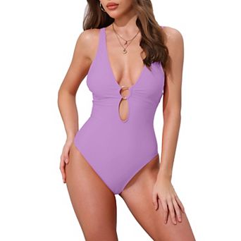 Women's O Ring Cut Out Deep V Monokini Bikini, 1 pc Tummy Control Swimwear Bathing Suit