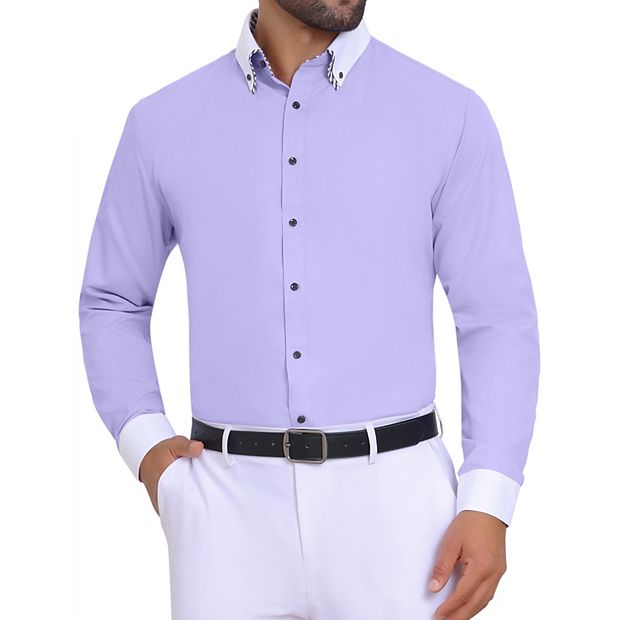 chinese dress ladies DiBanGu Mens Dress Shirt Black Solid Purple Floral Splicing Button Down Shirt, S