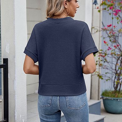 Women Summer Tops Knit V Neck Blouse Short Sleeve Button Down Cardigans Loose Fit T Shirts