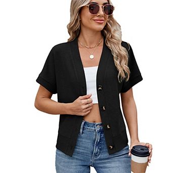 Women Summer Tops Knit V Neck Blouse Short Sleeve Button Down Cardigans Loose Fit T Shirts