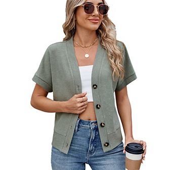 Women Summer Tops Knit V Neck Blouse Short Sleeve Button Down Cardigans Loose Fit T Shirts