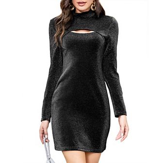 Women's Bodycon Party Sequin Sparkly Dress Turtleneck Long Sleeve Glitter Cutout Mini Dress